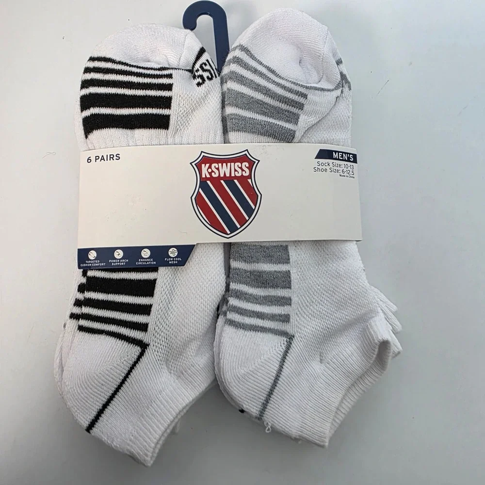 K-Swiss Mens Low Cut Performance Socks 6 Pairs White Black Grey Size 10-13 New